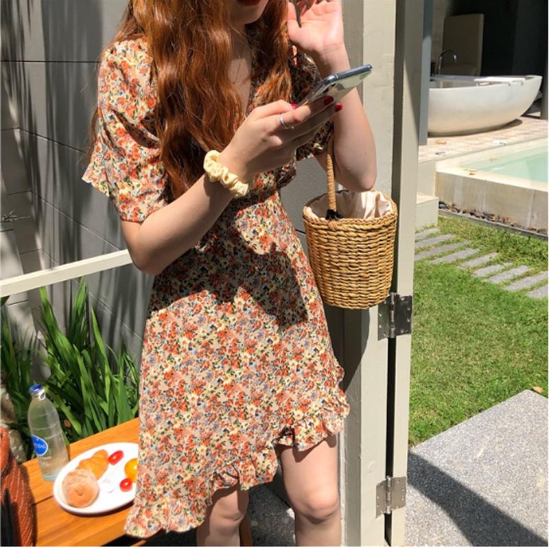

Casual Dresses Summer Elegant V-Neck Chiffon Women Dress Short Sleeve Ruffles Female Vestidos Print Floral Robe Large Size Clothes KE55Casua, Yellow