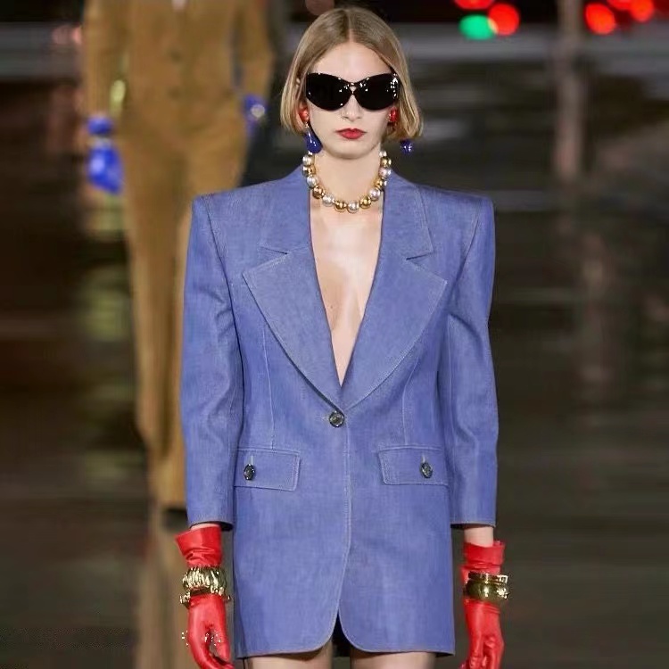 

B067 fashion women suit designer clothes blazer 3.4 KlasonBell Runway Fashion Back Split Washed Denim Jacket WomenWomen, Blue