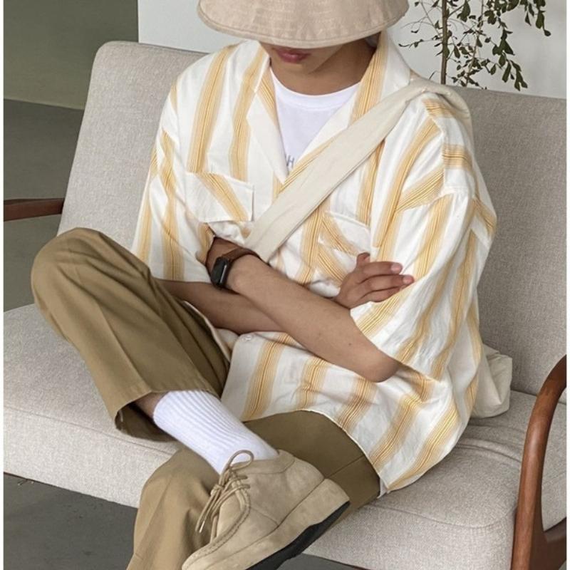 

Men's Casual Shirts Men's Short-sleeved Japanese Contrast Color Yellow White Striped Shirt Loose Lapel Top Fashion Asian SizeMen's, Asia size yellow
