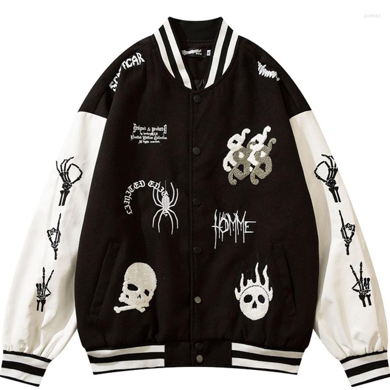 Men's Jackets Skull Embroidered Varsity Men Women High Street Skeleton Print Black Loose Baseball Coats Couple Hip Hop Gothic OutwearMen