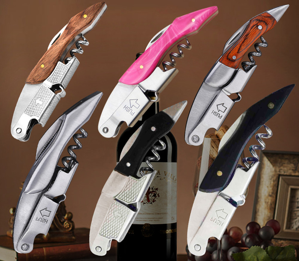 

Red Wine Bottle Opener Stainless Steel Multi Function Wooden Beer Bottles Openers Kitchen Party Bar Handle Knife Tools