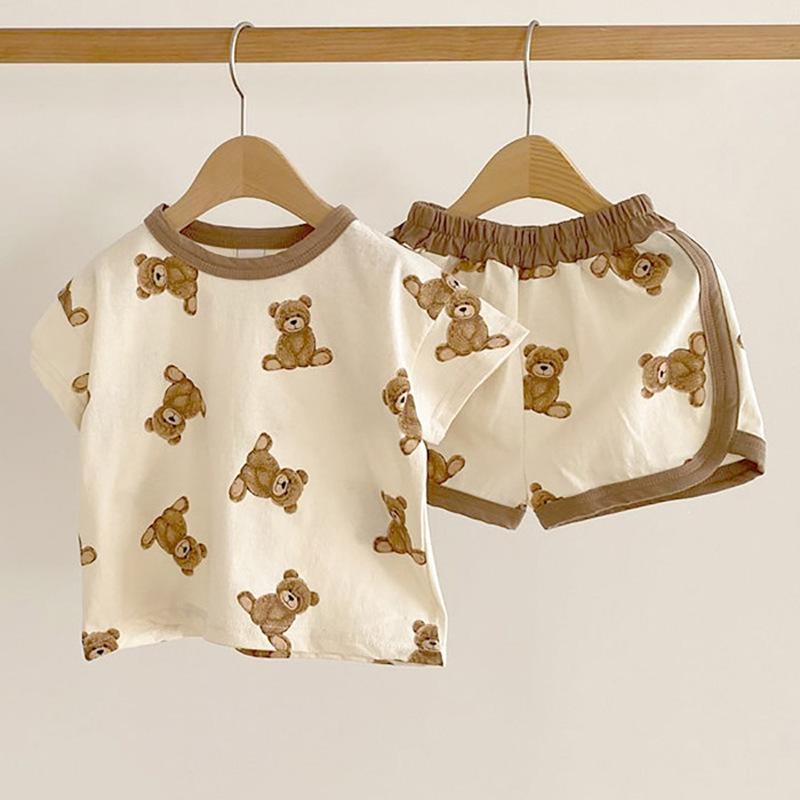 

Clothing Sets 2022 Summer Korean Baby Tshirt Short Toddler Boy Girl Loose Cartoon Bear Sleeve Tops + Shorts 2pcs Clothes, As picture