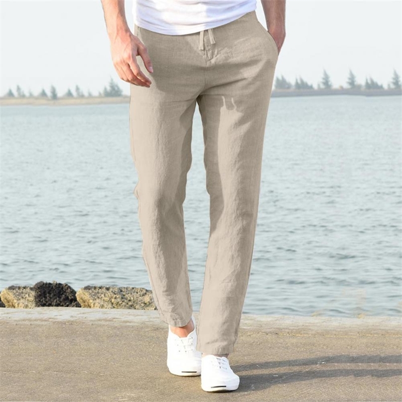 Mens High Waist Trausers Summer Clothing Novelty Linen Loose Cotton Elastic Band Thin Work Vintage Wide Legs Pants 220705