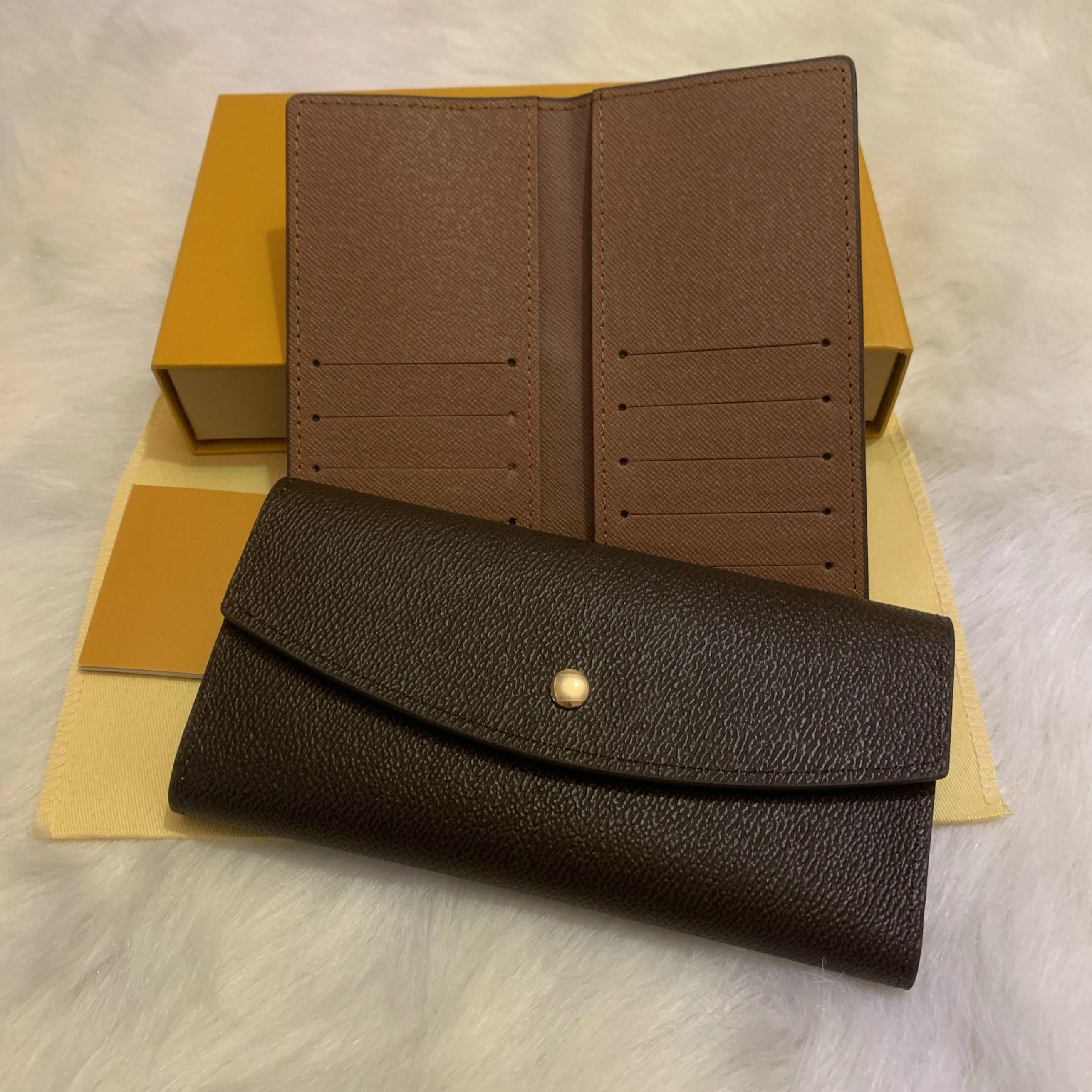 

honest369 Wallet top quality long envelope flap wallets designer key card coin holders purse leather clutch bag wallet with box, Brown flower