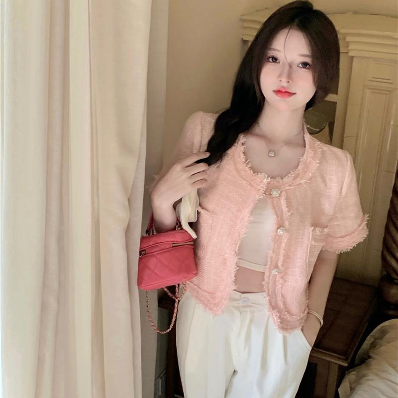 

Women' Jackets Summer Small Fragrance Thin Coat Short Sleeve Chic Button Casual Tassel Tweed Crop TopWomen, Green