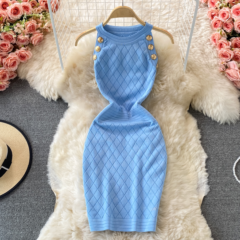 

New design women's sexy halter neck sleeveless knitted buttons patchwork bodycon tunic short pencil dress solid color, Beige