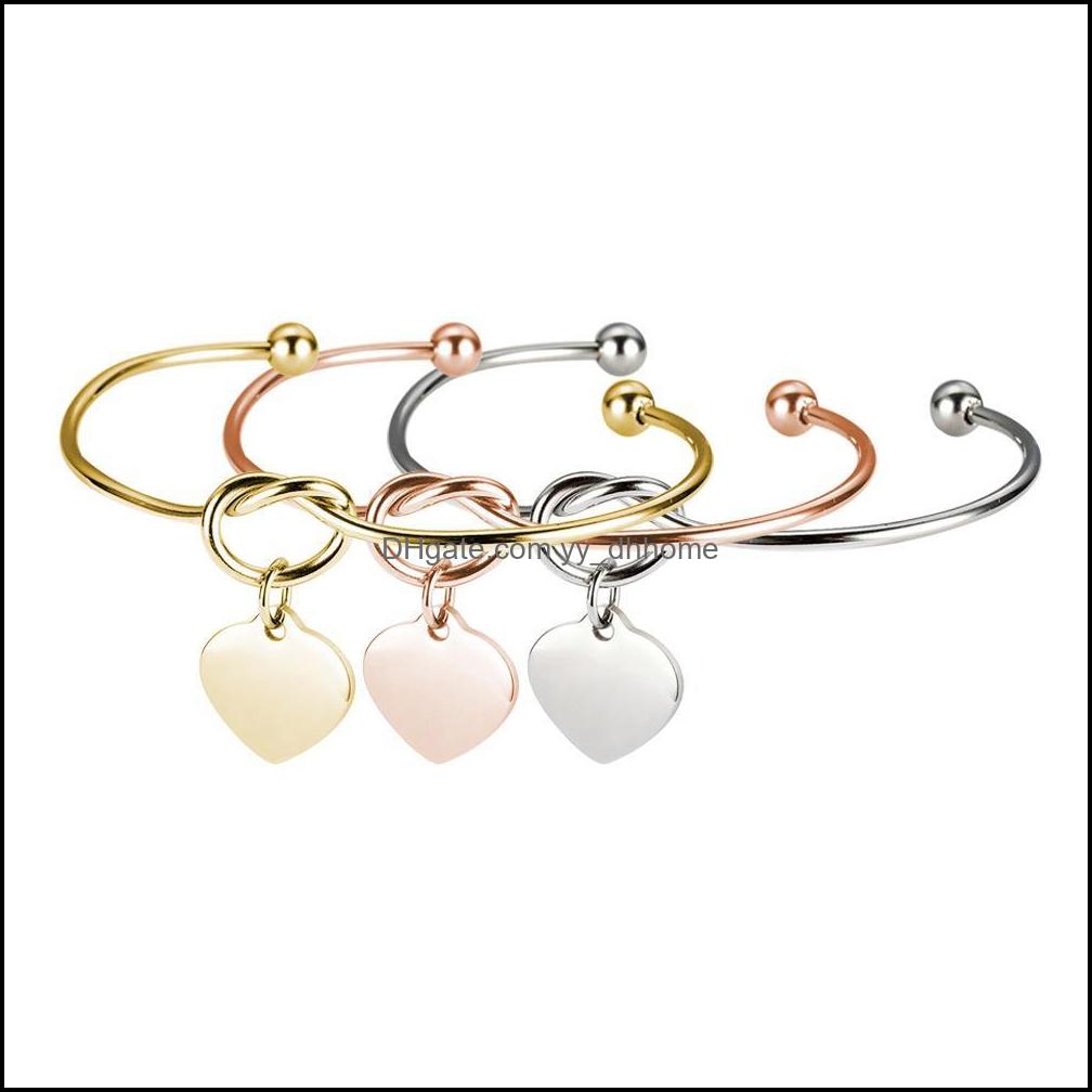

Bangle Bracelets Jewelry New Stainless Steel Knot Bangles High Polished Heart Charm Bracelet Love Can Engrave Name Diy For Women Drop Delive
