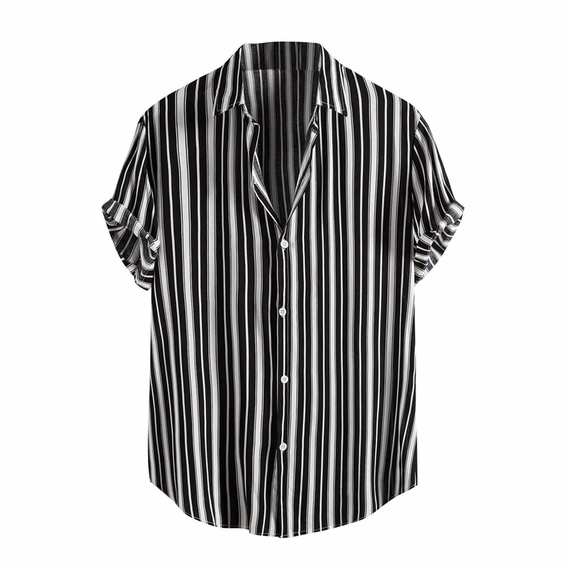 

Men Shirt Streetwear Summer Fashion Men's Stripe Short Sleeve Casual Blouse Hawaiian Button Shirt Blouse Chemise Homme 210701, Black