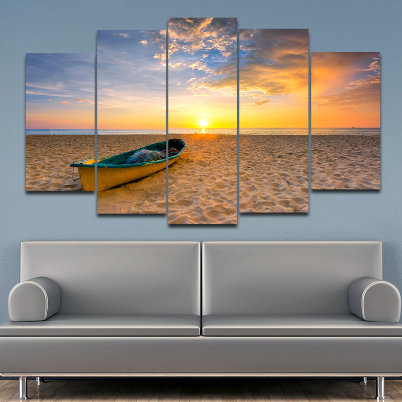 

RELIABLI 5 Panels/Set Canvas Painting Sun Beach, Boats Wall Decor Big Size Seascape Painting Wall Art Pictures For Living Room