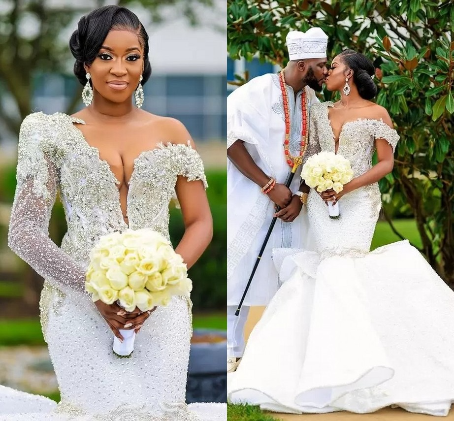 2022 Plus taille arabe aso ebi sirène luxueuse en dentelle robe de mariée cristaux de perles à manches longues à paille