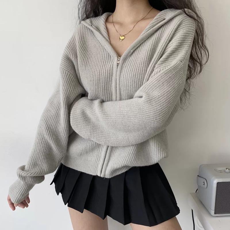 

Women's Knits & Tees WOMENGAGA Winter Solid Color Loose Long Sleeve Thick Hooded Cardigan Women Top Casual Zipper Knitted Sweater Coat 8ZFD, Gray