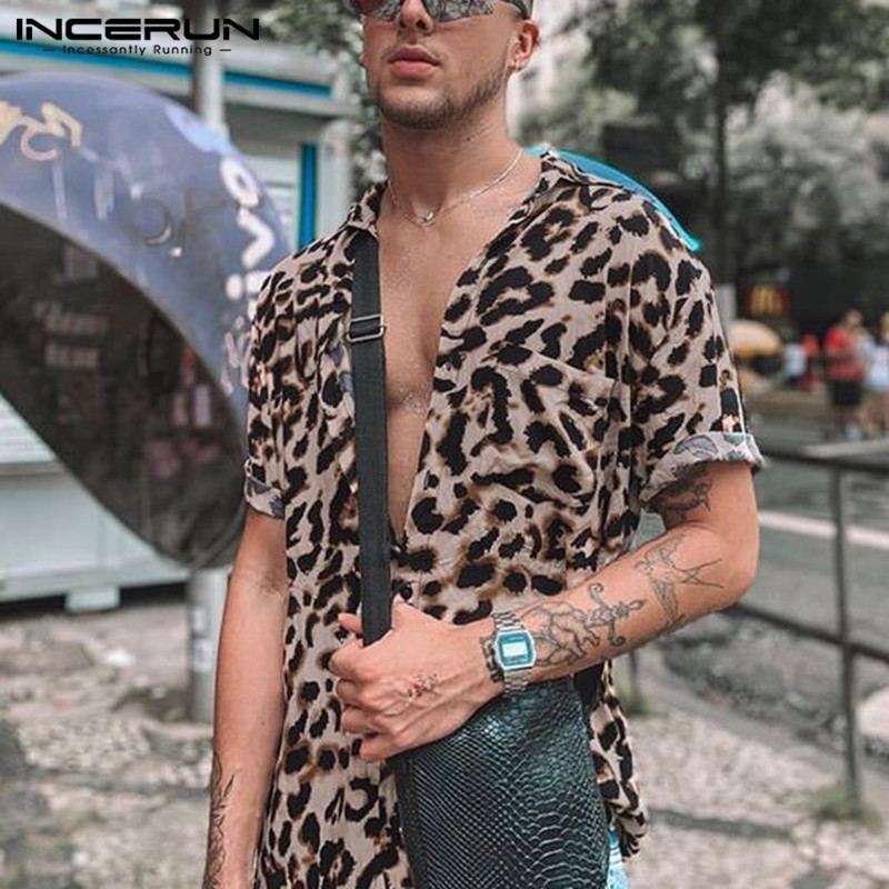 

INCERUN Men Short Sleeve Lapel Shirt Casual Floral Blouse Hawaiian Beach Tops Summer Leopard Print Shirts Camisa Plus Size 220606, Khaki