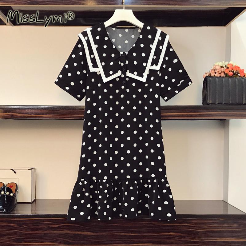 

Plus Size Dresses 4XL Women Black Polka Dot Dress Summer 2022 Lace Patchwork Double Collar Short Sleeve Loose Casual Cute Ruffle