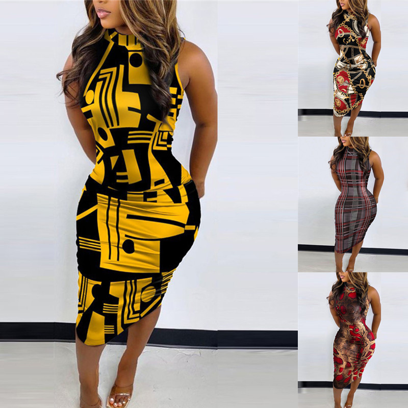 

Sexy Dress Women Fashion Printed Sleeveless Dresses Female Party Dress, Brown