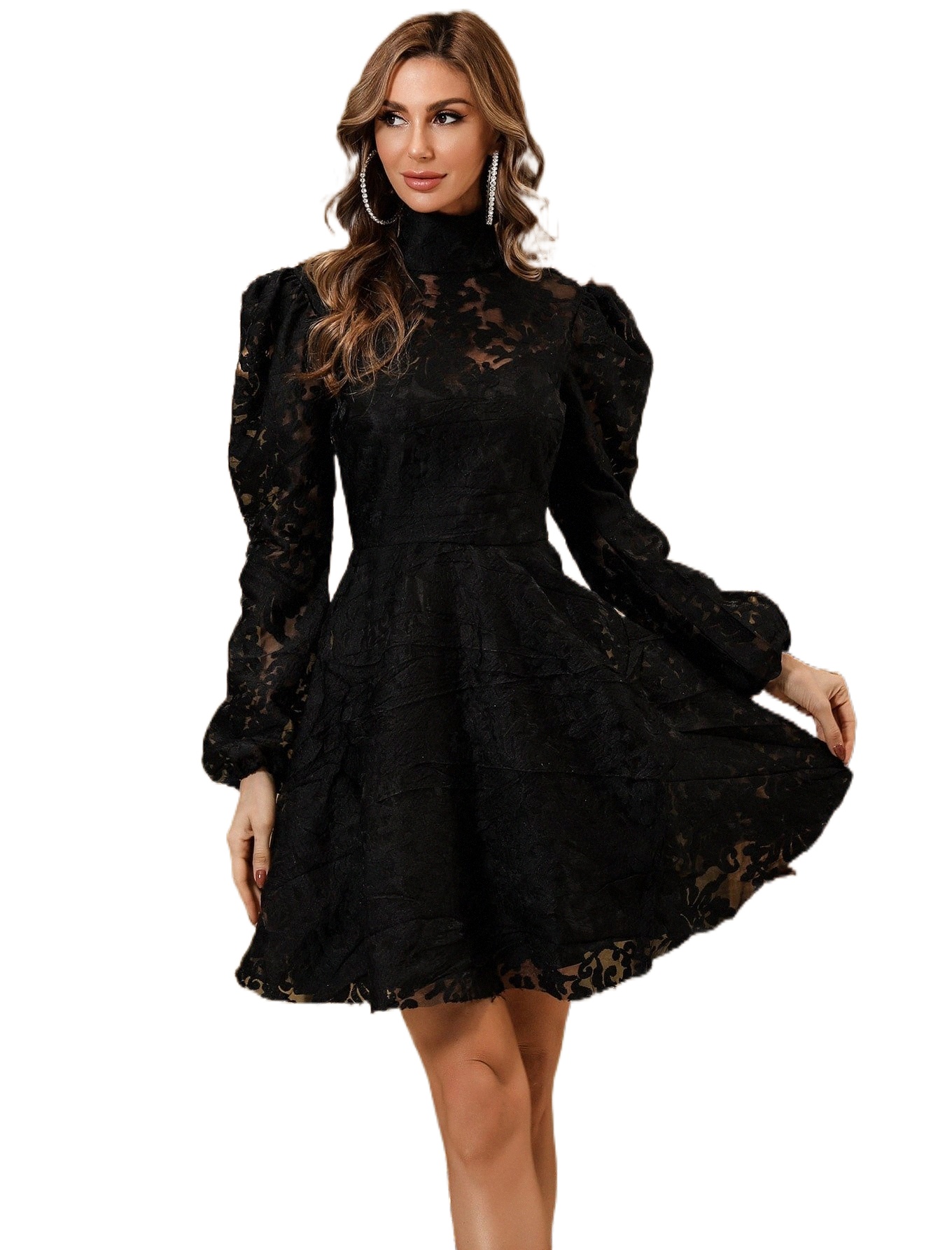 

missord High Neck Lantern Sleeve Cut-out Lace Skater Dress V7FX#, Black