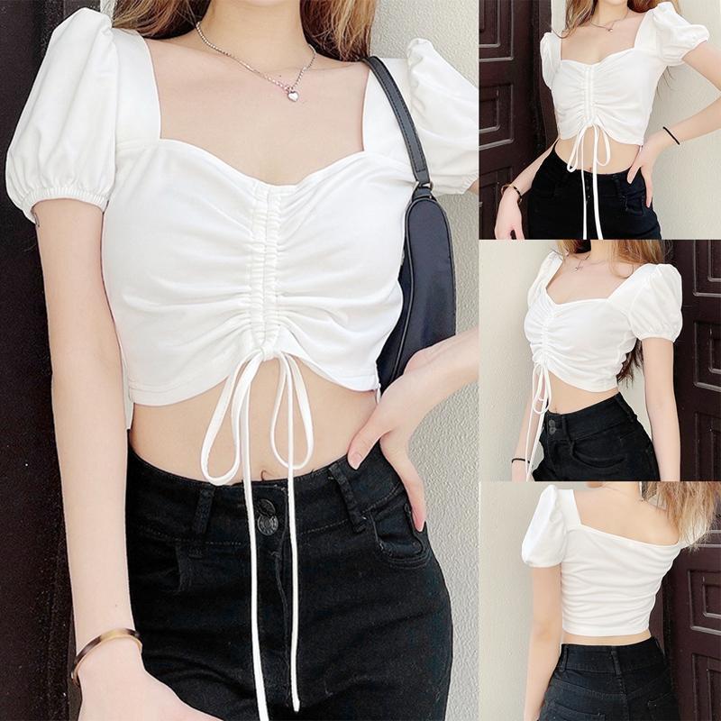 

Women' T-Shirt Kf-Women' Sexy Self-Cultivation Temperament Bubble Sleeve Tether Pleated Square Neck Cropped Short Top White