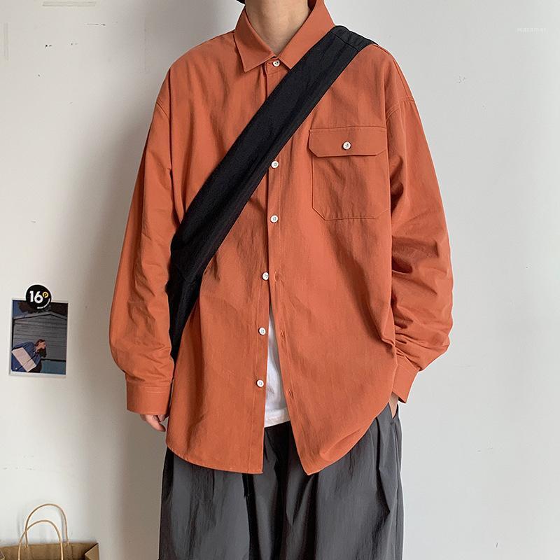 

Men's Casual Shirts Loose Solid Color Camisa Masculina Shirt Long Sleeve Harajuku For Man Clothing, S08 orange red