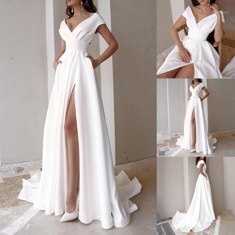

Casual Dresses Party For Women 2022 Fashion Elegant Sexy Slim Ladies V-neck Solid Color Mopping Long Formal Dress, White