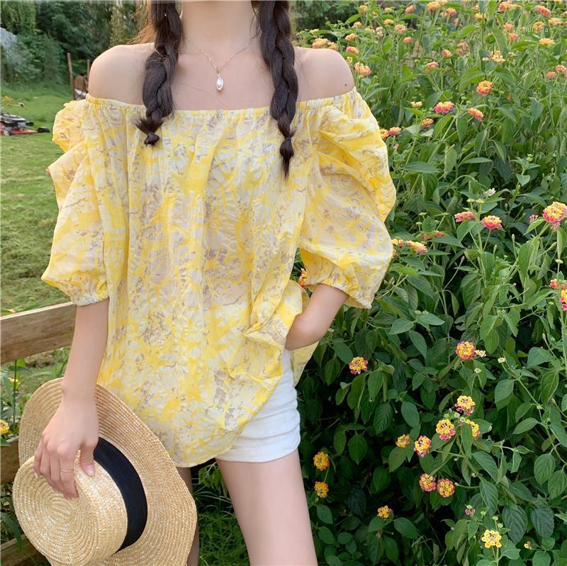 

Women's Blouses & Shirts Korean Style Women Tops Fashion Bright Color Off Shoulder Shirt 2022 Summer Puff Sleeve Holiday Loose Long Blouse F, Sky blue