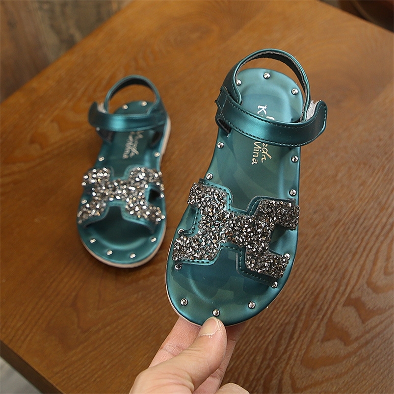 

Summer Kids Sandals Girls Princess Sweet Chic rhinestones Soft Children Beach Shoes For Toddlers Big Girl Size 21 36 220525, Beige