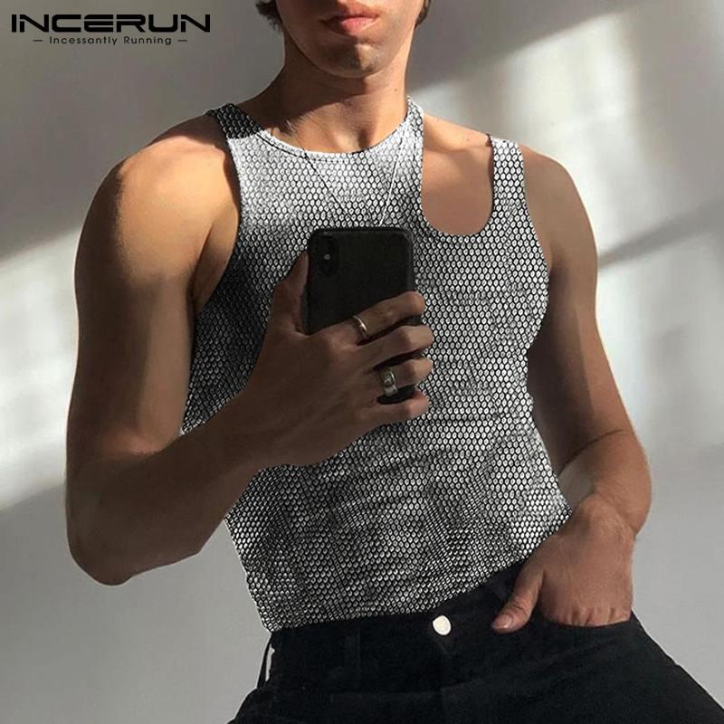 

Men' Tank Tops Men Streetwear O-neck Hollow Out Sexy 2022 Sleeveless Shiny Irregular Vests Hombre Party Nightclub 5XL INCERUN 7, White;black