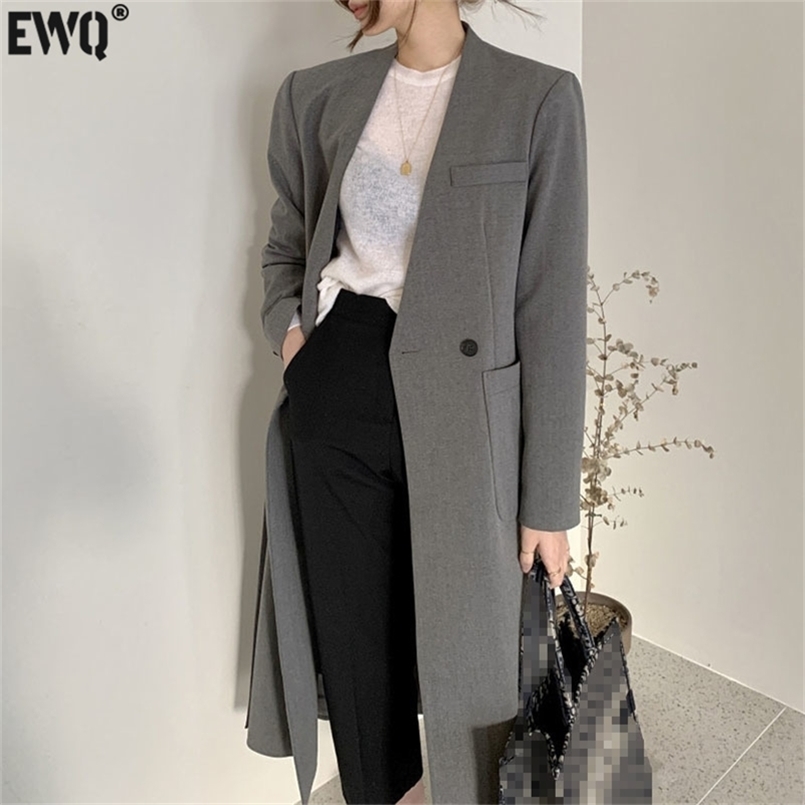 

[EWQ] Temperament Fashion Solid Color Blazer Women's Spring Casual V-neck Loose Long Sleeve Split Suit Coat 5E2934 220402, Dark lotus color