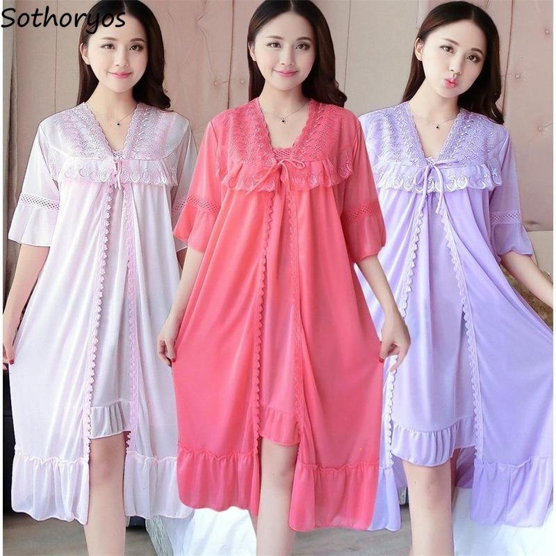

Robe Gown Sets Sleepwears Women 2pcs Solid Ice-silk Trendy Casual Lace Up Home 3xl Loose Nightwear Sexy Thin Womens Bathrobe, 22