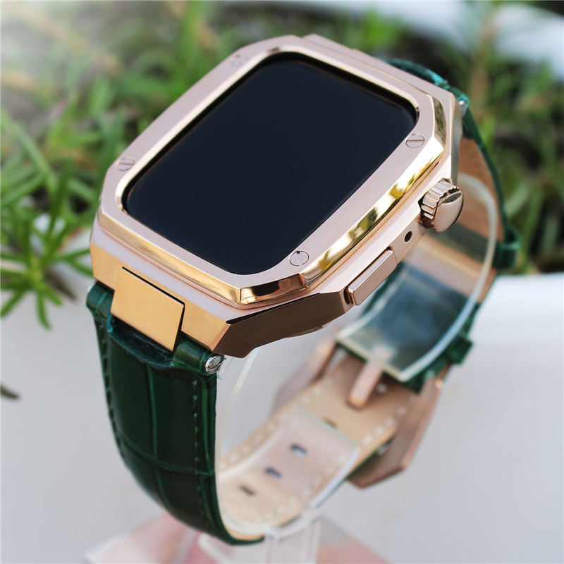 

for Apple Watch Series 7 6 5 4 SE Stainless Steel Protective Case Genuine Leather Band Strap Cover iWatch 44mm 45mm, Gold case+brown band