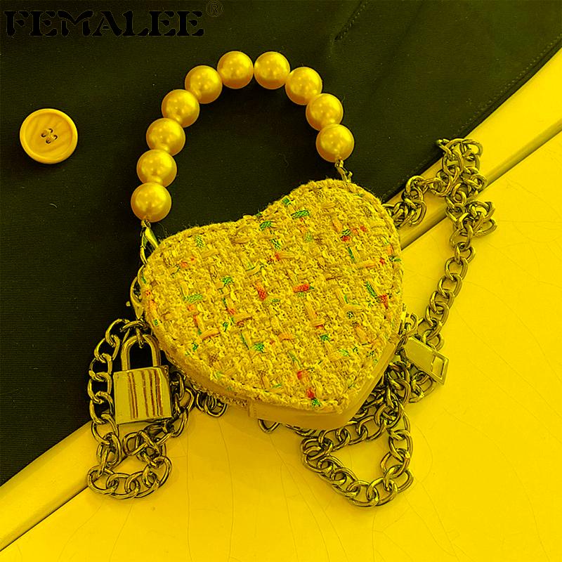 

Shoulder Bags Ladies Heart Shaped Wool Tweed Messenger Purses Lock Pearl Chains Luxury Women 2022 Brand Handbags Mini Girls SacShoulder, Black