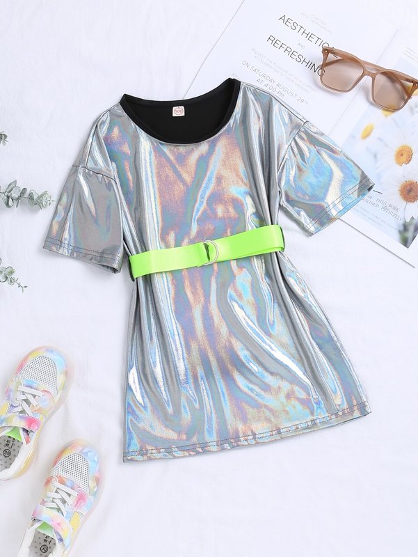 

Toddler Girls Contrast Binding Holographic Belted Metallic Dress SHE, Silver