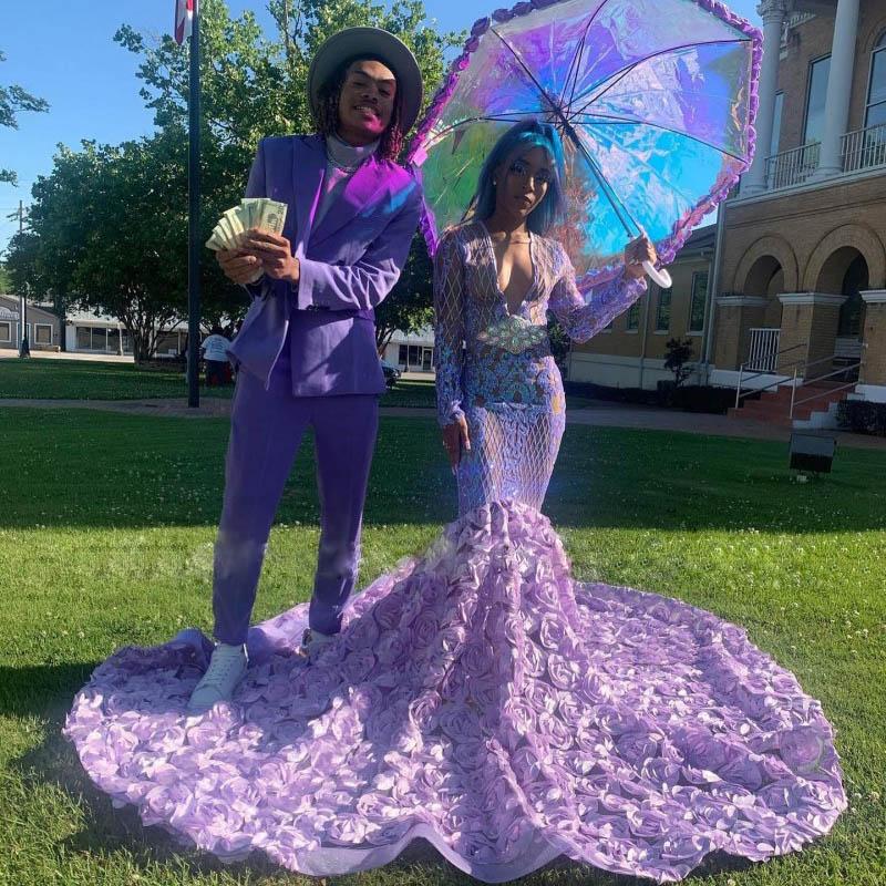 

Stunning Lilac Mermaid Prom Dresses Rose Flower Bottom Gradaution Evening Gown Deep V Neck Full Sleeve Females Girls Party Dress, Purple