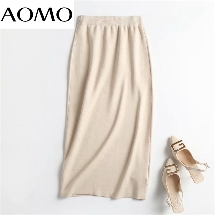 

AOMO Women Beige Sweater Midi Skirt High Quality Office Ladies Elegant Chic Mid Calf Skirts 4C27A 220322, Khaki