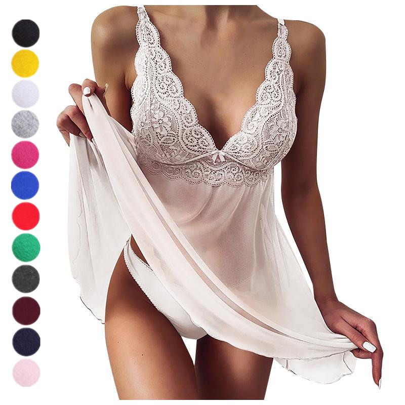 

Women's Swimwear Underwear Sexy Woman Set Pyjama 2022 Sleepwear Suspenders Lace Transparent Dress Pajamas Lingerie Nuisette Pijama Mujer Ver, As show