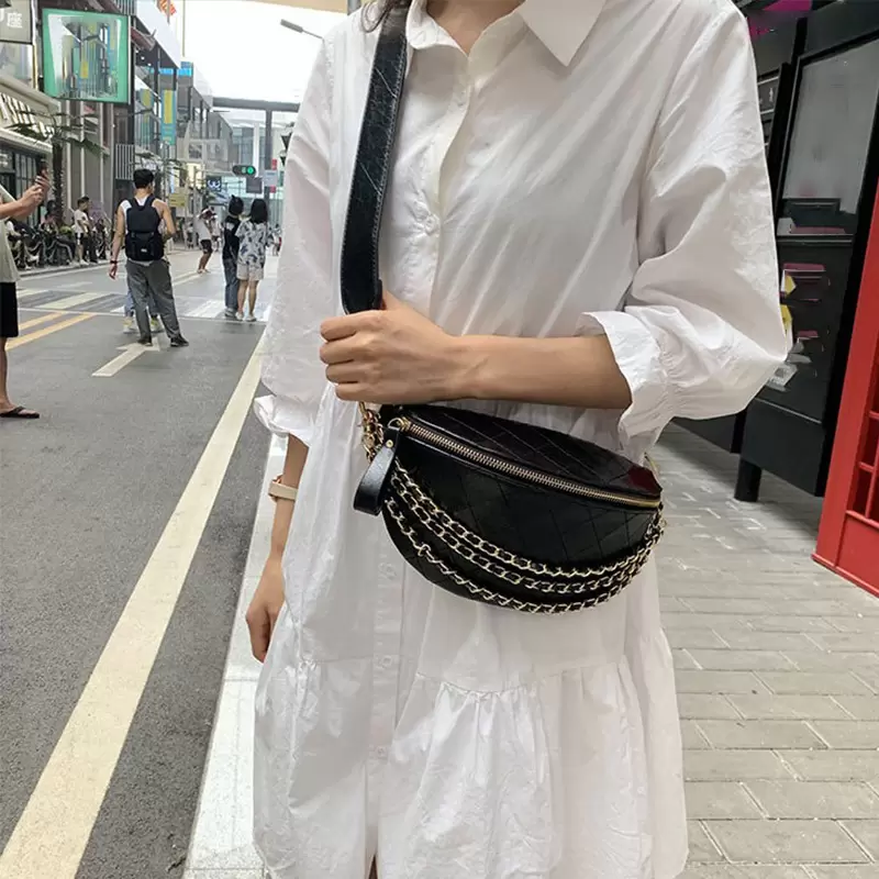 

2021 Womens Fashion Chain Cross Waist Bag Solid Messenger Bags Zipper Chest Bag Female Retro Hobos Bag With Wide Strap, Black