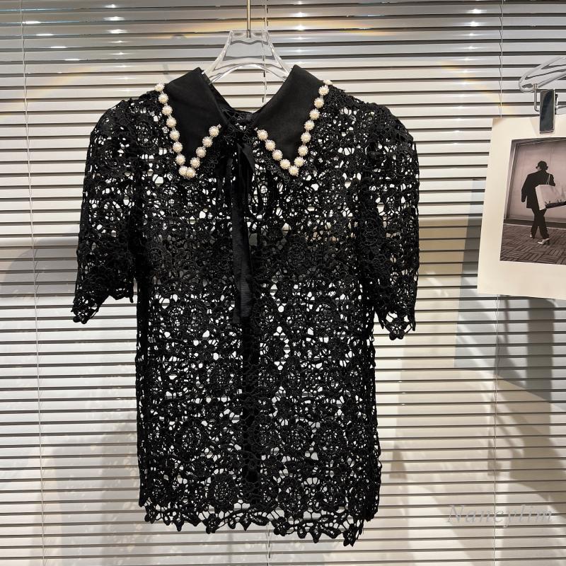 

Women' Blouses & Shirts Summer Black Lace Shirt For Women Fashion Rhinestone Beaded Collar Hollow Blouse Ladies TopWomen, Only black skirt