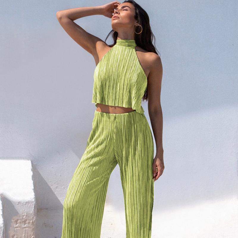 

Women' Two Piece Pants Women Pleated Sets Sexy Halter Neck Crop Top Outifits Summer Bodycon Green Suits Club Party 2022, Blue