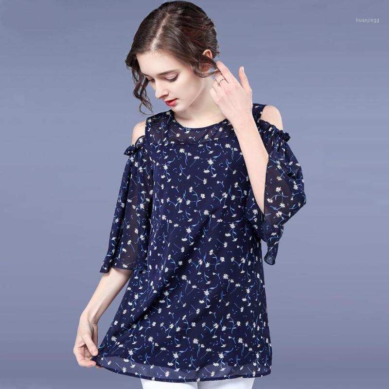 

Summer Fashion Women Tops Half Flare Sleeve Printing Off-shoulder Long Chiffon Blouse Navy Size -5XL Women's Blouses & Shirts