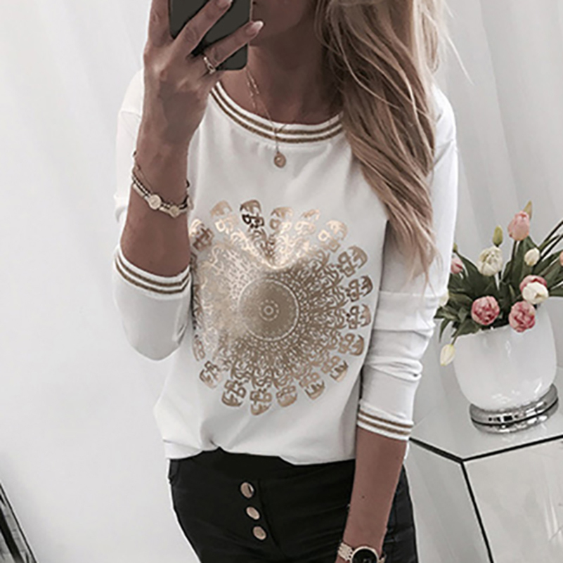 

Printed Gold Stamp TShirts For Women Casual Long Sleeve Top ONeck Basic White Shirts Fashion Autumn Spring Tees Tshirts G1120 Y200412, G1121 feather print