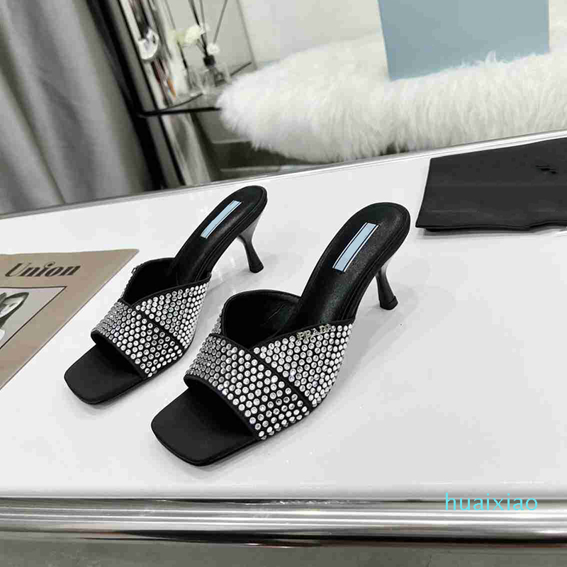 

Designer Luxury Sequins Slippers Square Toe Real Leather Sexy Woman Summer Slide Sandales Party Shoes With Box T55, 8#