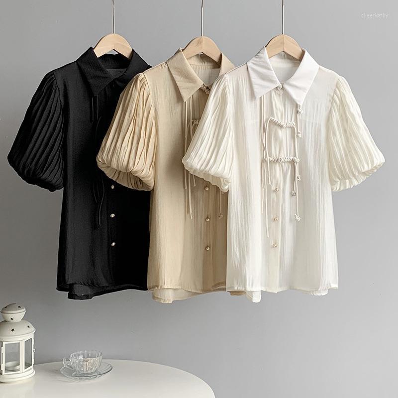 

Women's Blouses & Shirts Chinese Style Puff Sleeve Short Solid Color Summer Tops Shirt Retro Minimalist Blouse Elegant Loose Office LadiesWo, Champagne