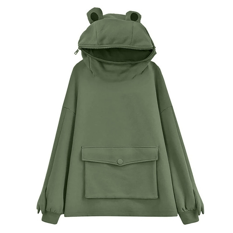 

Unisex Frog Zipper Hoodie Fleece Lined Springtime Embroidery oversized Sweatshirt Harajuku Warm Pullover Korean Style Dropship 220406