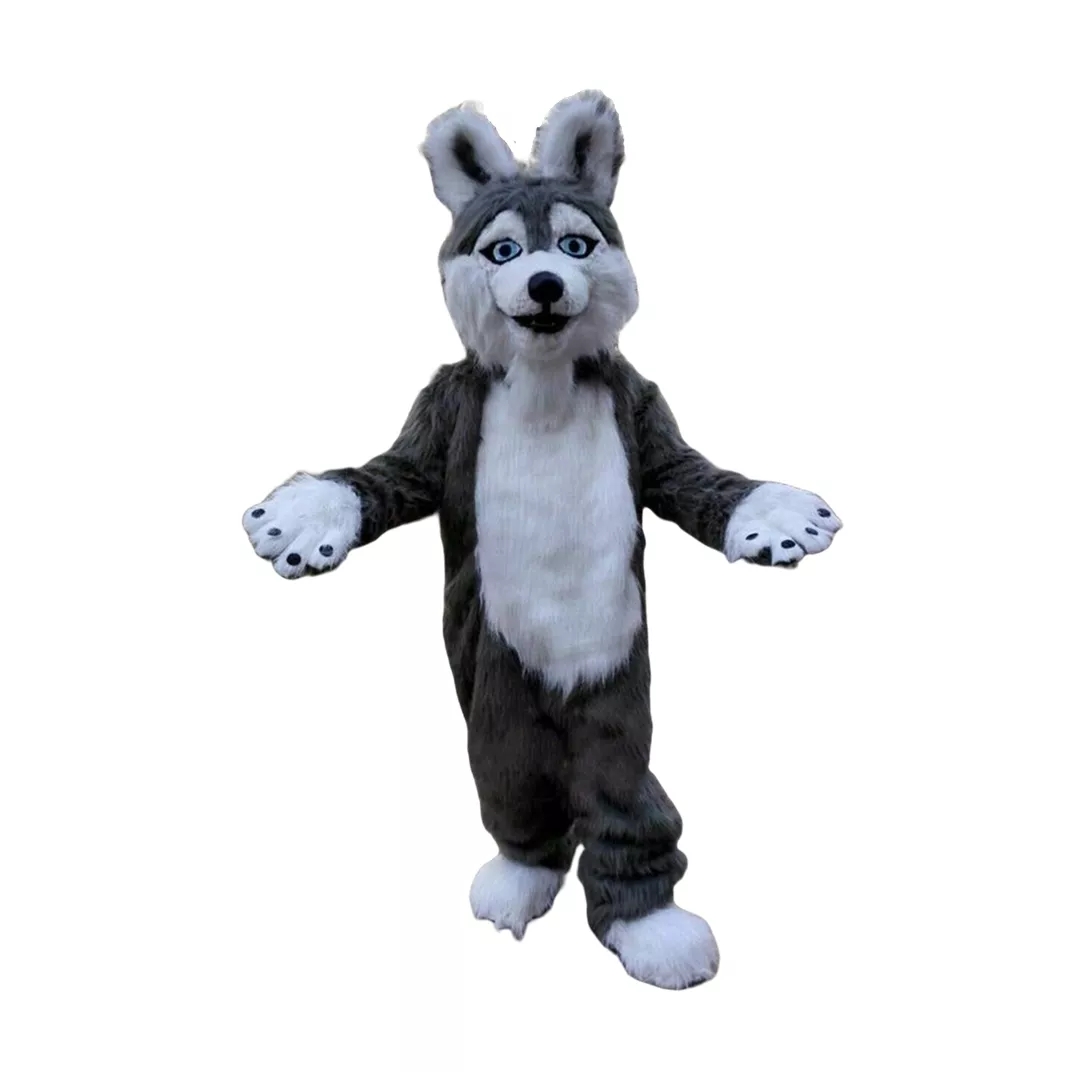

Halloween Gray Long Fur Husky Dog Mascot Costume Hairy Wolf Puppet Headgear Furry Fox Anime Fancy Dress Parade Suits Set, As show