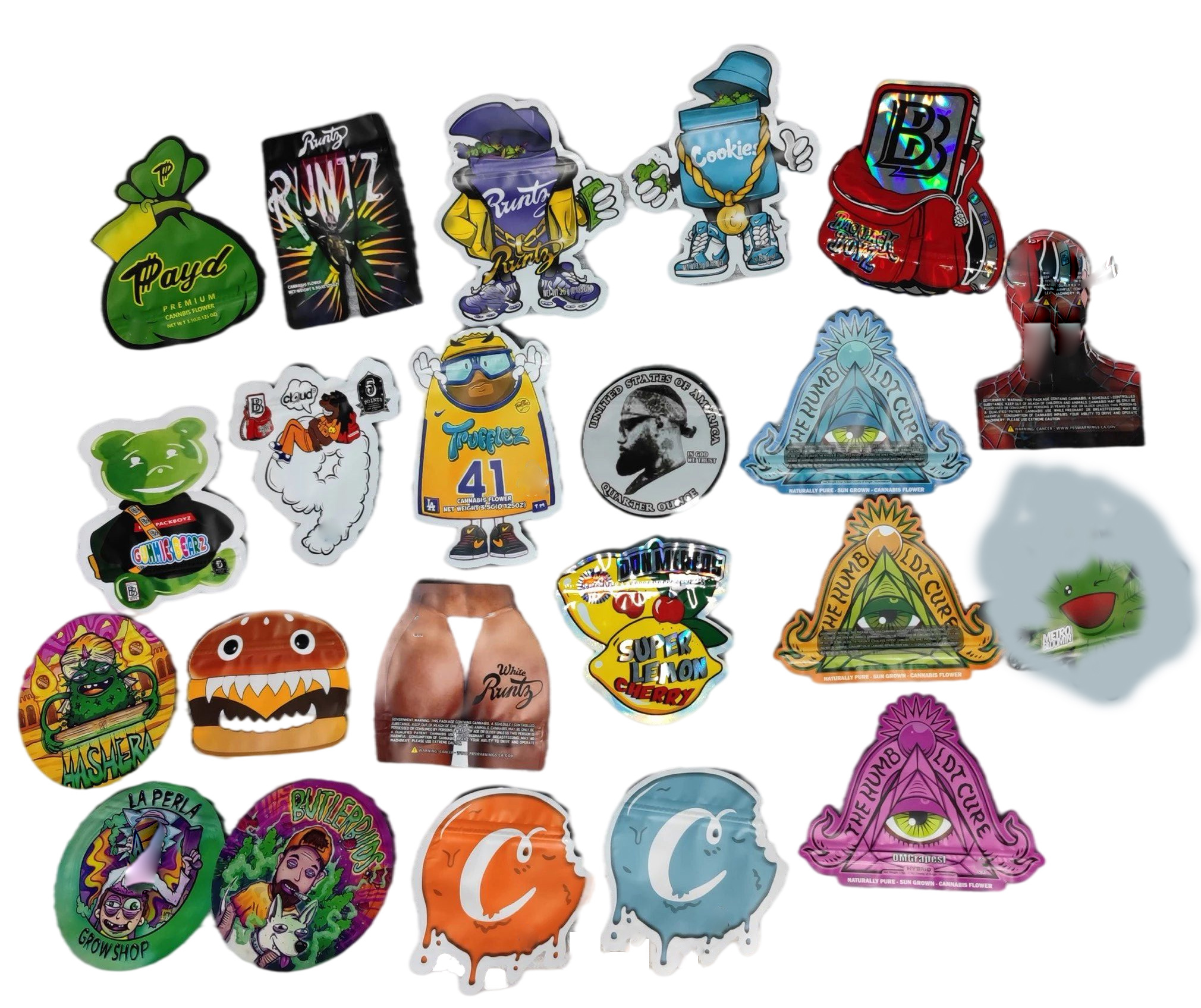 

empty irregular shaped mylar bags resealable zipper custom printedd backpack boyz don die cutting white runtz hamburger C the humb cure Alien jokes up smell proof
