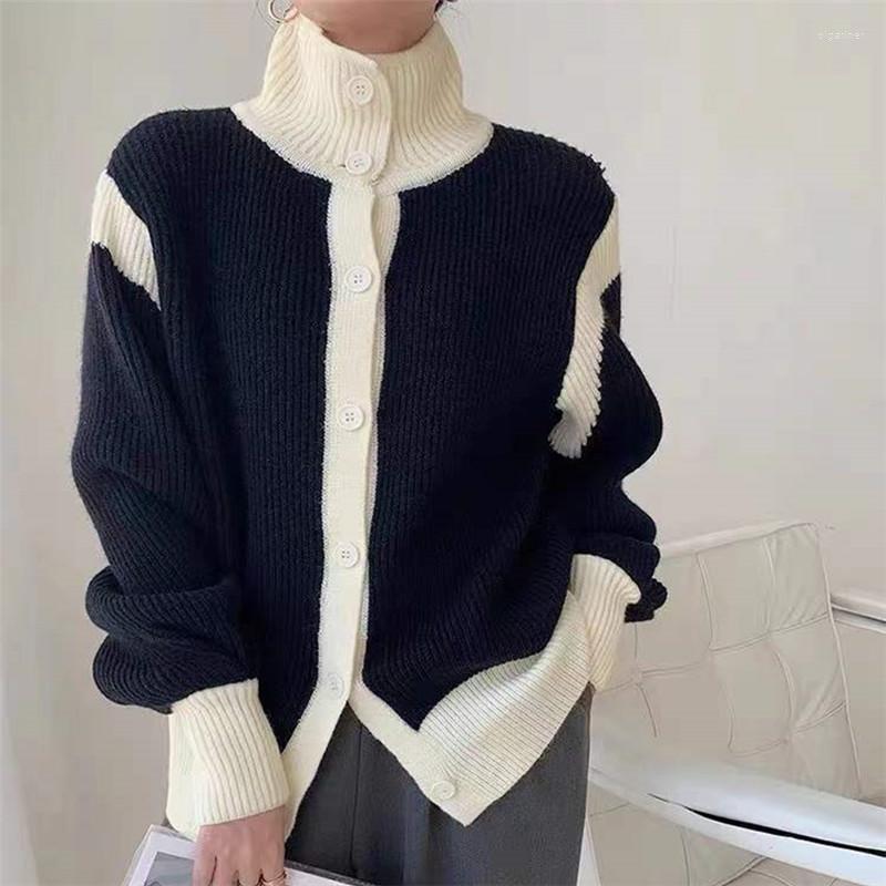 

Women's Knits & Tees Lazy Retro Casual 2022 Autumn Winter Korean Contrast Turtleneck Sweater Women Jumpers Striped Knit Cardigan JacketWomen, Black