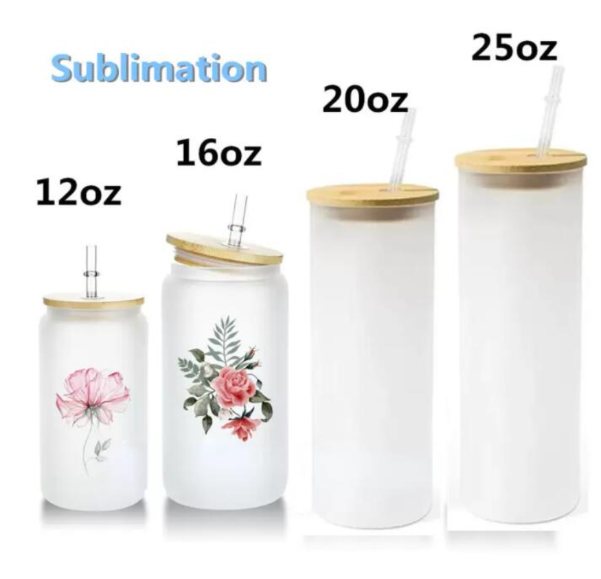 

12oz 16oz 20oz 25oz Sublimation Glass Can Tumbler Clear Frosted Jar with Bamboo Lid Wide Mouth Beer Cup Festival Party Wine Tumblers, Clear with lids and straws