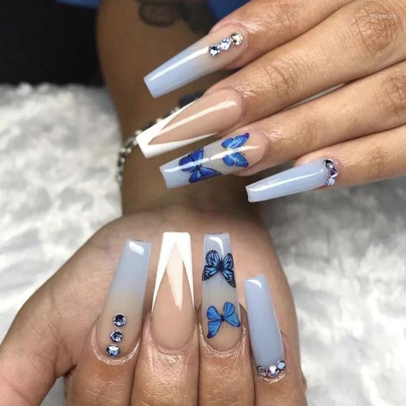 

False Nails 24Pcs/Box Blue Butterfly Design French Ballerina Coffin Detachable Wearable Full Cover Press On Nail Fake Tips Prud22, 03