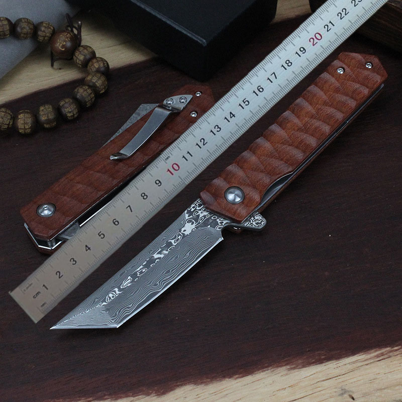 

1Pcs R0709 Flipper Folding Knife 76 layers VG10 Damascus Steel Blade Rosewood Handle Ball Bearing Fast Open EDC Pocket Knives