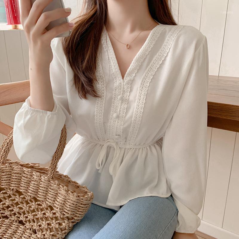 

Women' Blouses & Shirts V-Neck White Blouse Sashes Casual Woman Clothes 2022 Fall Lace Long Sleeve Shirt Women Chemisier Femme