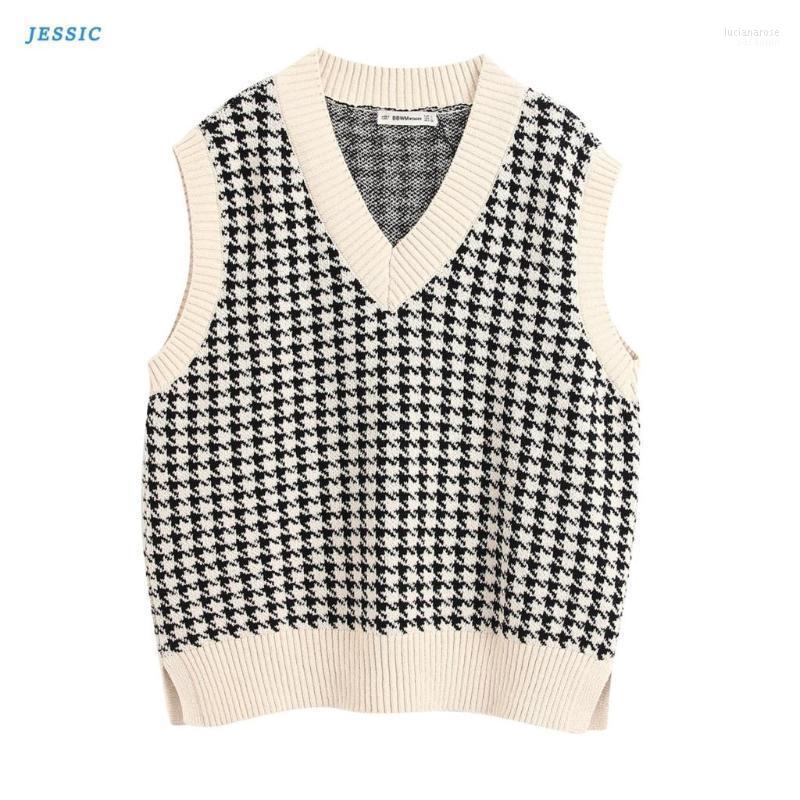 

Oversized Knitted Vest Sweater For Women V Neck Sleeveless Side Vents Loose Female Waistcoat Chic Tops 2022 Fashion Luci22, Black and white grid