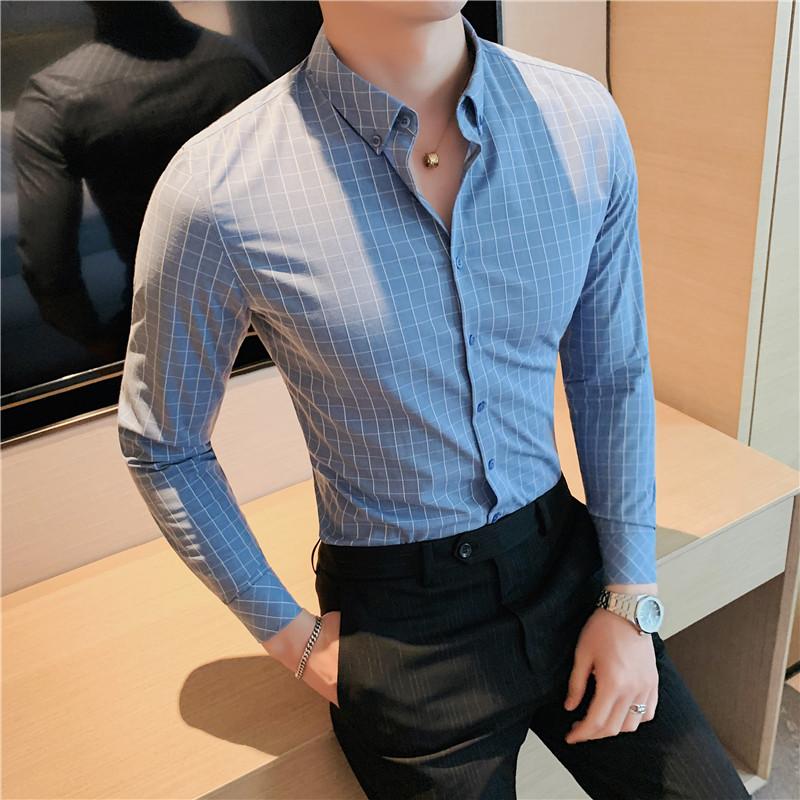

Men's Dress Shirts Spring Business Casual Plaid Shirt Men's Formal Workwear Wedding Slim Social Party Clothes Checked S-3XLMen's, Black